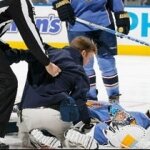 Ondrej Pavelec Slumps to Ice in Thrashers Match